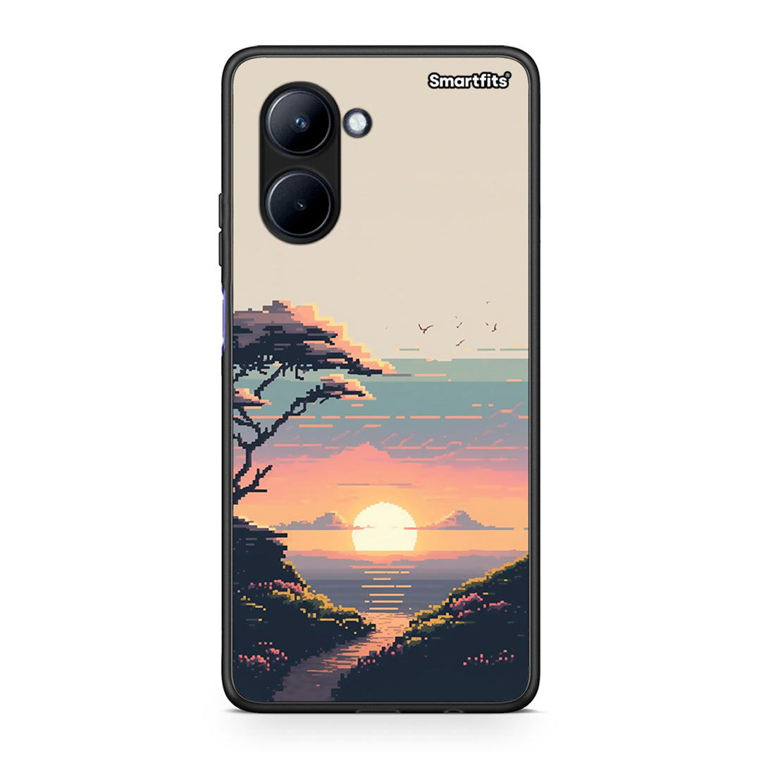 Θήκη Realme C33 Pixel Sunset από τη Smartfits με σχέδιο στο πίσω μέρος και μαύρο περίβλημα | Realme C33 Pixel Sunset Case with Colorful Back and Black Bezels