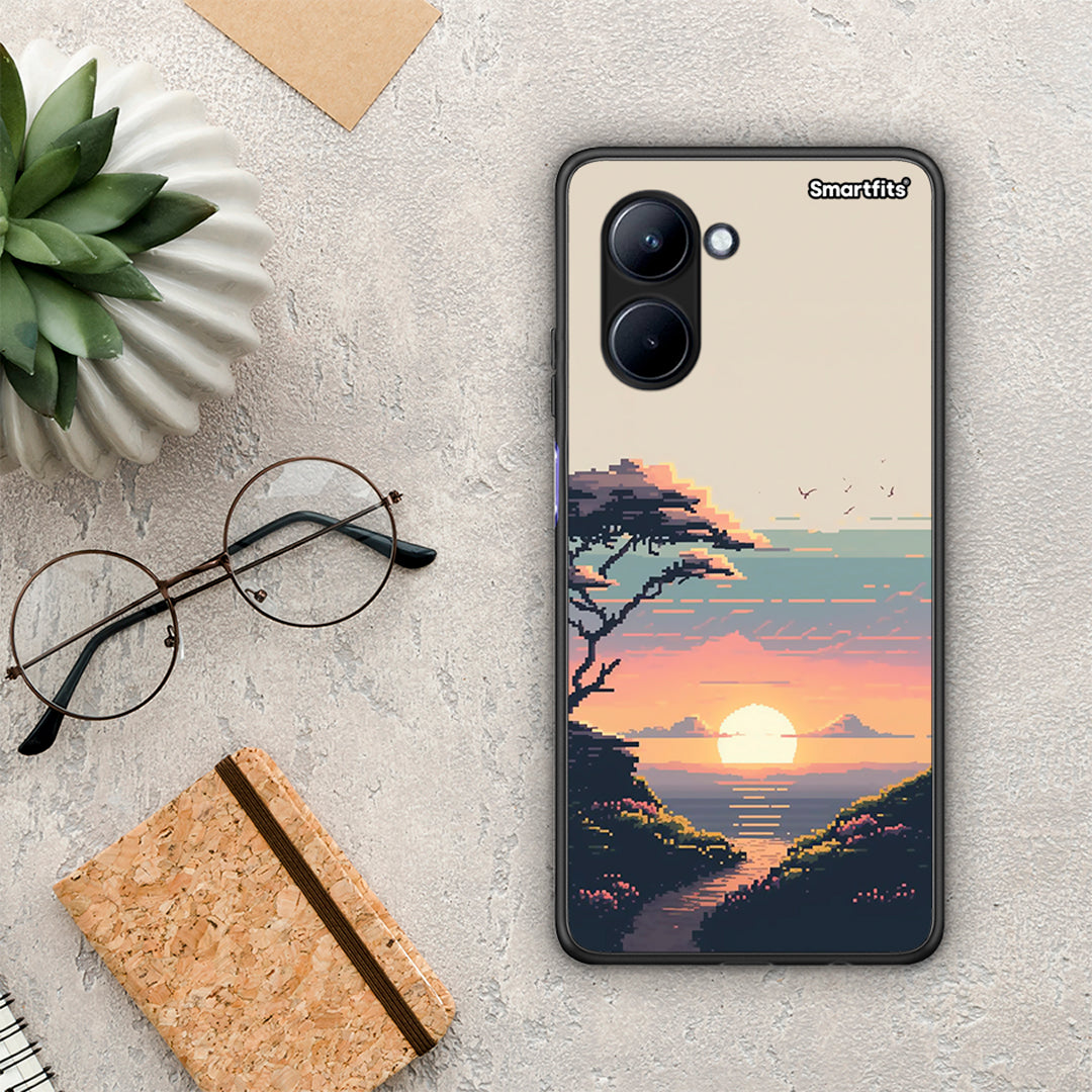 Θήκη Realme C33 Pixel Sunset από τη Smartfits με σχέδιο στο πίσω μέρος και μαύρο περίβλημα | Realme C33 Pixel Sunset Case with Colorful Back and Black Bezels