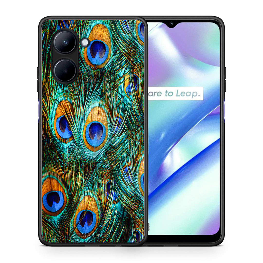 Θήκη Realme C33 Real Peacock Feathers από τη Smartfits με σχέδιο στο πίσω μέρος και μαύρο περίβλημα | Realme C33 Real Peacock Feathers Case with Colorful Back and Black Bezels
