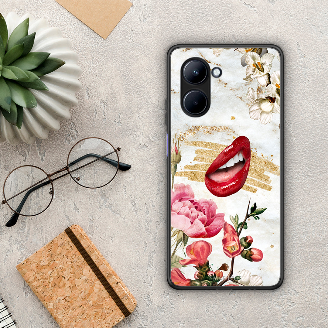 Θήκη Realme C33 Red Lips από τη Smartfits με σχέδιο στο πίσω μέρος και μαύρο περίβλημα | Realme C33 Red Lips Case with Colorful Back and Black Bezels