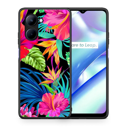 Θήκη Realme C33 Tropical Flowers από τη Smartfits με σχέδιο στο πίσω μέρος και μαύρο περίβλημα | Realme C33 Tropical Flowers Case with Colorful Back and Black Bezels