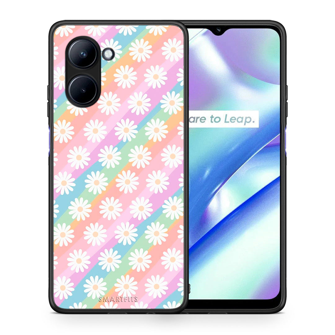 Θήκη Realme C33 White Daisies από τη Smartfits με σχέδιο στο πίσω μέρος και μαύρο περίβλημα | Realme C33 White Daisies Case with Colorful Back and Black Bezels
