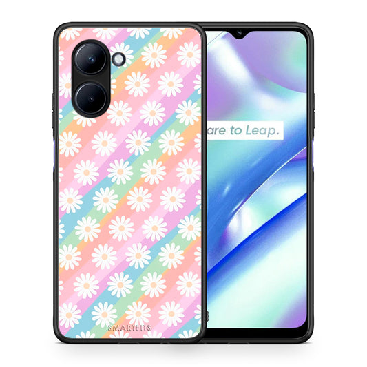 Θήκη Realme C33 White Daisies από τη Smartfits με σχέδιο στο πίσω μέρος και μαύρο περίβλημα | Realme C33 White Daisies Case with Colorful Back and Black Bezels