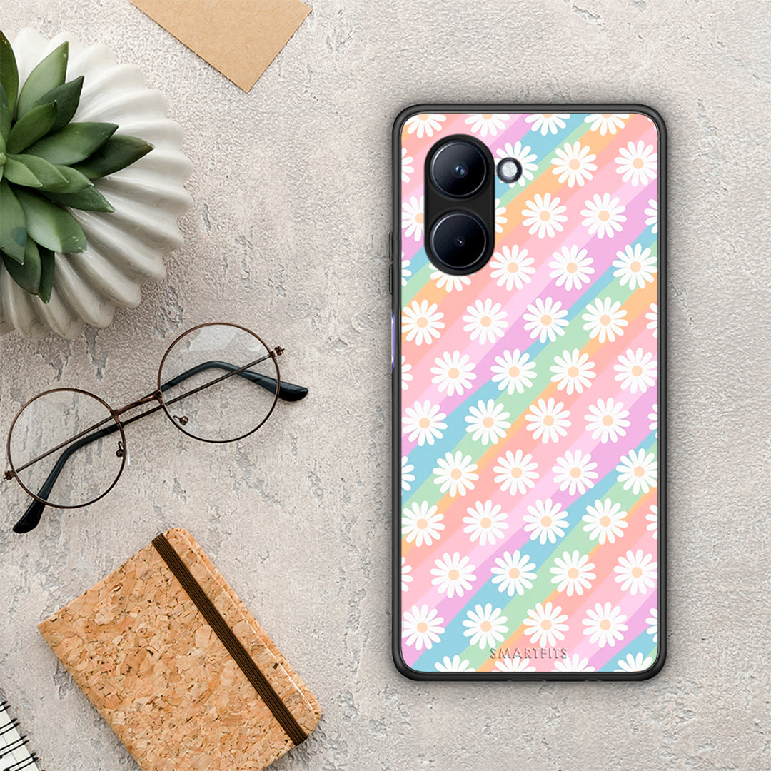 Θήκη Realme C33 White Daisies από τη Smartfits με σχέδιο στο πίσω μέρος και μαύρο περίβλημα | Realme C33 White Daisies Case with Colorful Back and Black Bezels