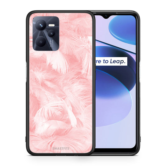 Θήκη Realme C35 Pink Feather Boho από τη Smartfits με σχέδιο στο πίσω μέρος και μαύρο περίβλημα | Realme C35 Pink Feather Boho case with colorful back and black bezels