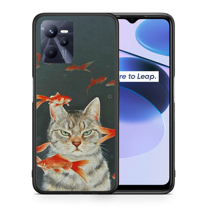 Θήκη Realme C35 Cat Goldfish από τη Smartfits με σχέδιο στο πίσω μέρος και μαύρο περίβλημα | Realme C35 Cat Goldfish case with colorful back and black bezels