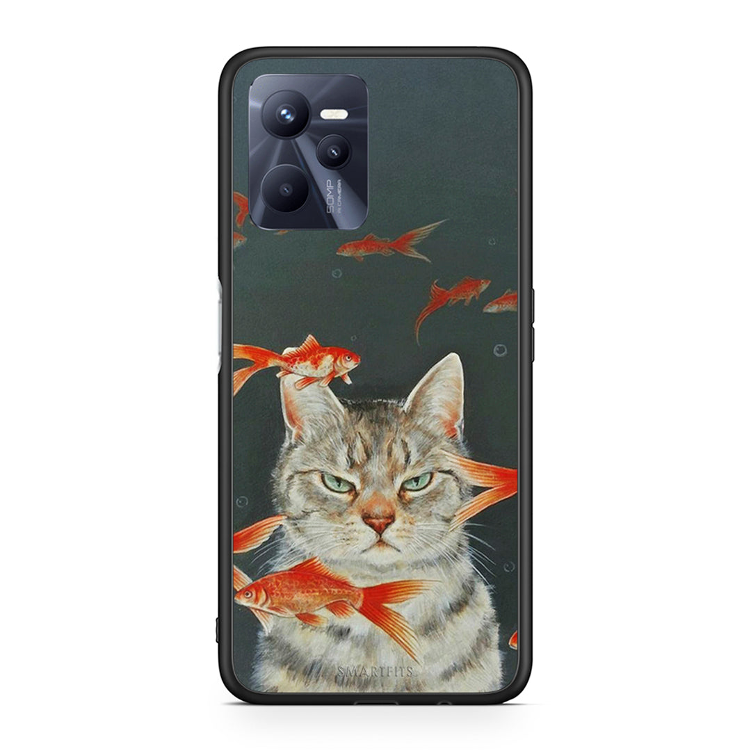 Realme C35 Cat Goldfish θήκη από τη Smartfits με σχέδιο στο πίσω μέρος και μαύρο περίβλημα | Smartphone case with colorful back and black bezels by Smartfits