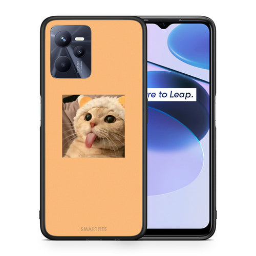 Θήκη Realme C35 Cat Tongue από τη Smartfits με σχέδιο στο πίσω μέρος και μαύρο περίβλημα | Realme C35 Cat Tongue case with colorful back and black bezels