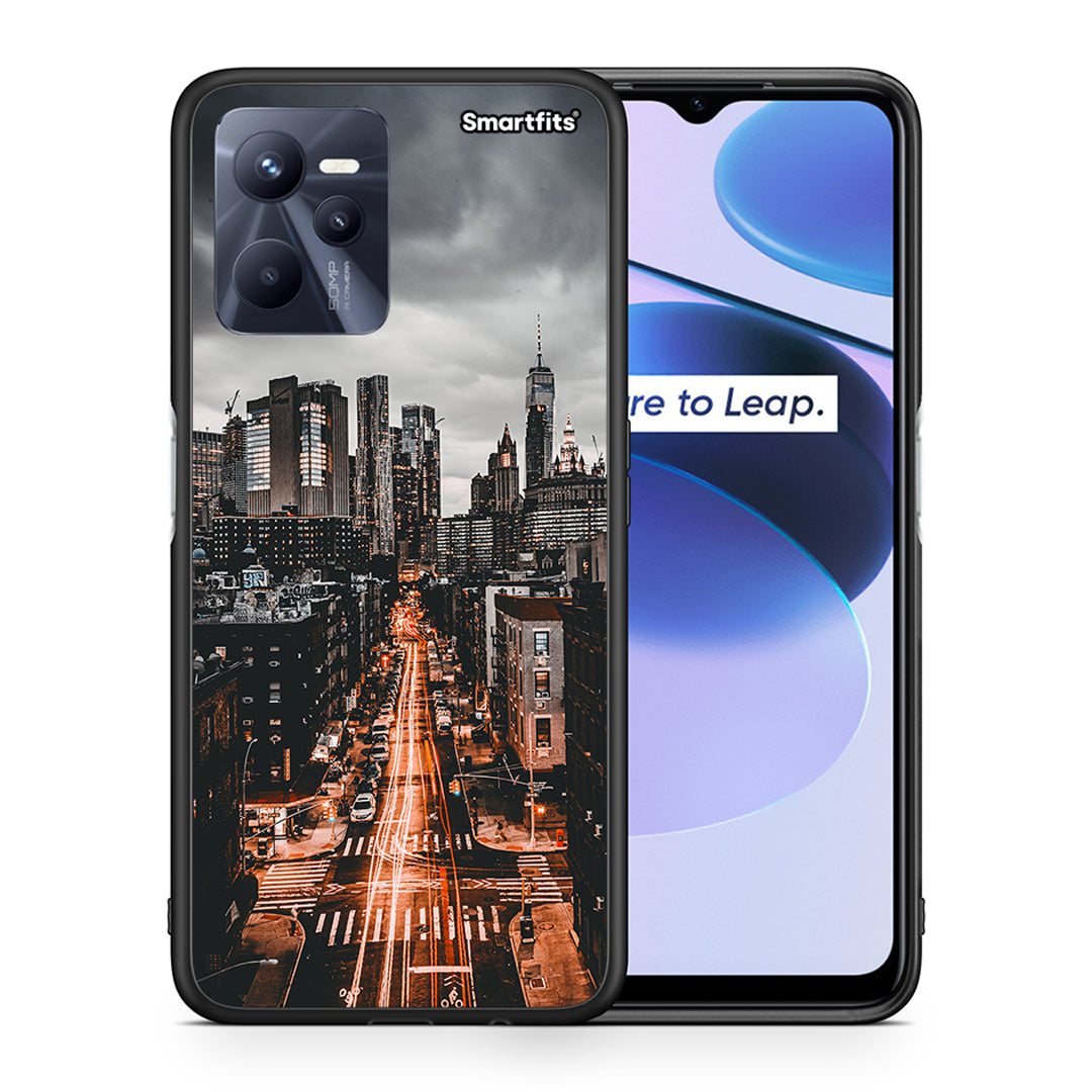 Θήκη Realme C35 City Lights από τη Smartfits με σχέδιο στο πίσω μέρος και μαύρο περίβλημα | Realme C35 City Lights case with colorful back and black bezels