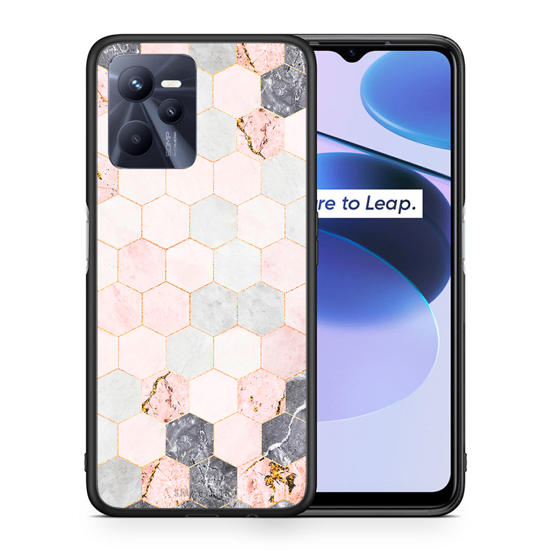 Θήκη Realme C35 Hexagon Pink Marble από τη Smartfits με σχέδιο στο πίσω μέρος και μαύρο περίβλημα | Realme C35 Hexagon Pink Marble case with colorful back and black bezels