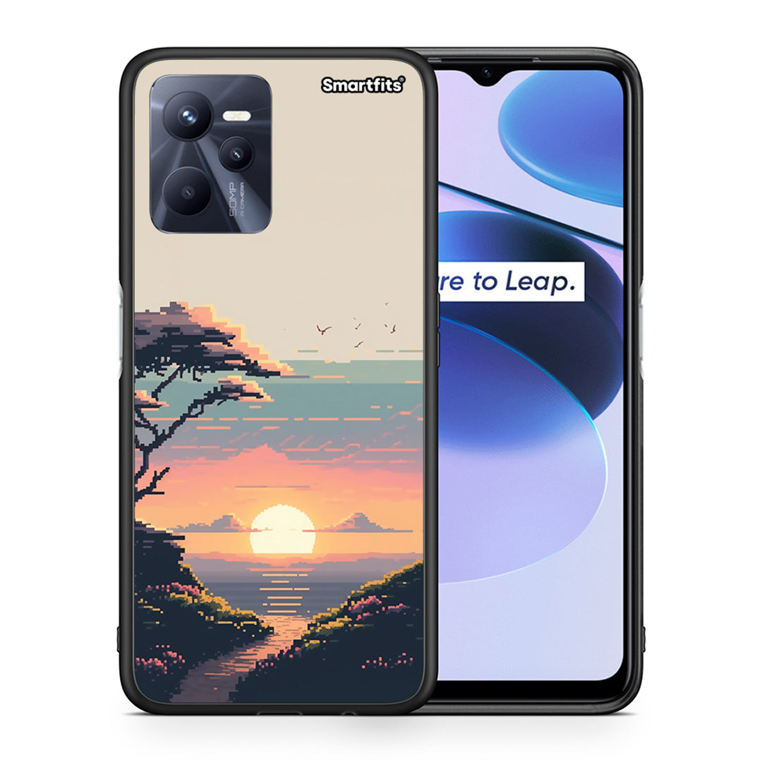 Θήκη Realme C35 Pixel Sunset από τη Smartfits με σχέδιο στο πίσω μέρος και μαύρο περίβλημα | Realme C35 Pixel Sunset case with colorful back and black bezels