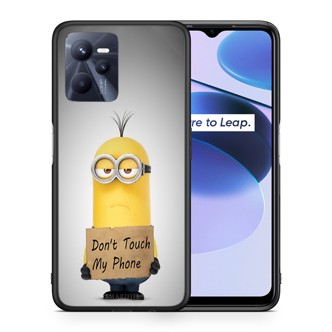 Θήκη Realme C35 Minion Text από τη Smartfits με σχέδιο στο πίσω μέρος και μαύρο περίβλημα | Realme C35 Minion Text case with colorful back and black bezels