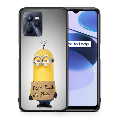 Θήκη Realme C35 Minion Text από τη Smartfits με σχέδιο στο πίσω μέρος και μαύρο περίβλημα | Realme C35 Minion Text case with colorful back and black bezels