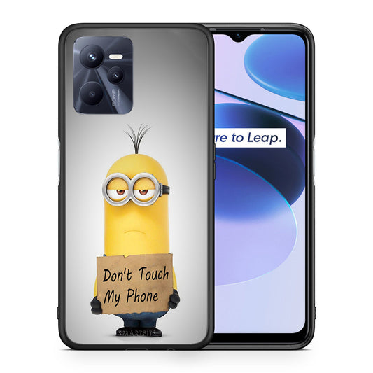 Θήκη Realme C35 Minion Text από τη Smartfits με σχέδιο στο πίσω μέρος και μαύρο περίβλημα | Realme C35 Minion Text case with colorful back and black bezels
