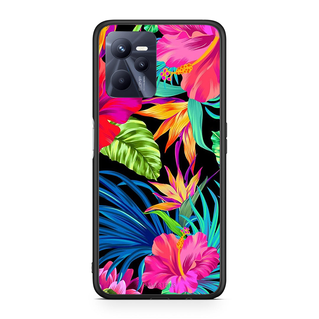Realme C35 Tropical Flowers θήκη από τη Smartfits με σχέδιο στο πίσω μέρος και μαύρο περίβλημα | Smartphone case with colorful back and black bezels by Smartfits