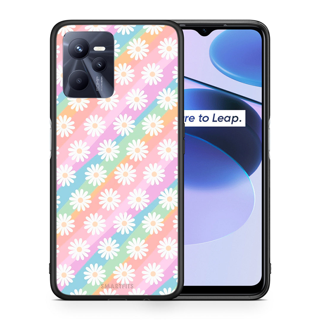 Θήκη Realme C35 White Daisies από τη Smartfits με σχέδιο στο πίσω μέρος και μαύρο περίβλημα | Realme C35 White Daisies case with colorful back and black bezels