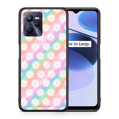 Θήκη Realme C35 White Daisies από τη Smartfits με σχέδιο στο πίσω μέρος και μαύρο περίβλημα | Realme C35 White Daisies case with colorful back and black bezels