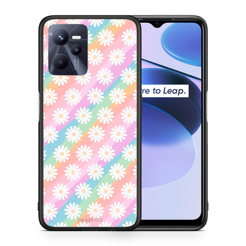 Θήκη Realme C35 White Daisies από τη Smartfits με σχέδιο στο πίσω μέρος και μαύρο περίβλημα | Realme C35 White Daisies case with colorful back and black bezels