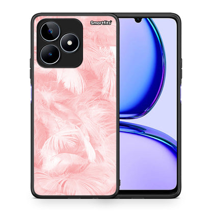 Θήκη Realme C53 Pink Feather Boho από τη Smartfits με σχέδιο στο πίσω μέρος και μαύρο περίβλημα | Realme C53 Pink Feather Boho case with colorful back and black bezels