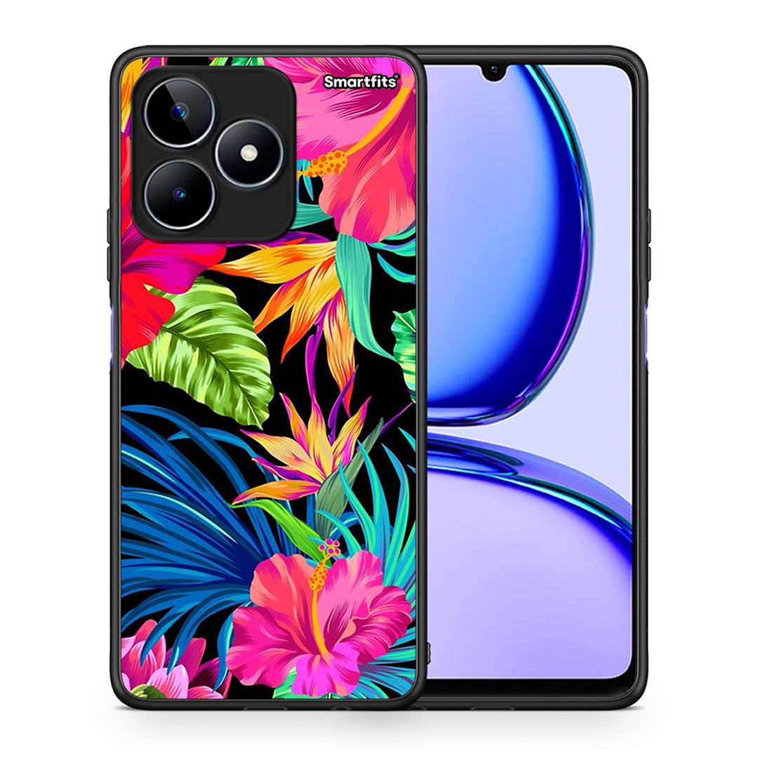 Θήκη Realme C53 Tropical Flowers από τη Smartfits με σχέδιο στο πίσω μέρος και μαύρο περίβλημα | Realme C53 Tropical Flowers case with colorful back and black bezels