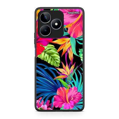 Realme C53 Tropical Flowers θήκη από τη Smartfits με σχέδιο στο πίσω μέρος και μαύρο περίβλημα | Smartphone case with colorful back and black bezels by Smartfits