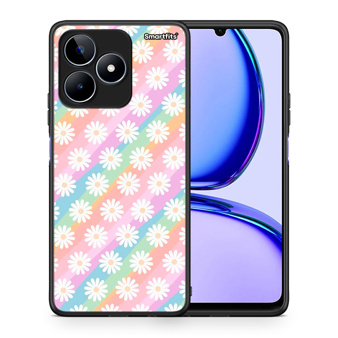 Θήκη Realme C53 White Daisies από τη Smartfits με σχέδιο στο πίσω μέρος και μαύρο περίβλημα | Realme C53 White Daisies case with colorful back and black bezels