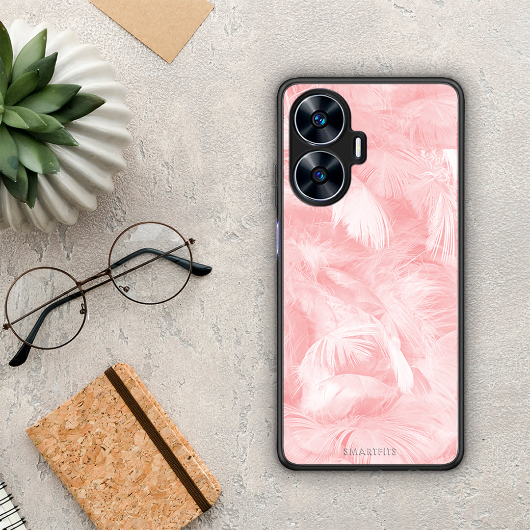 Θήκη Realme C55 Dual Boho Pink Feather από τη Smartfits με σχέδιο στο πίσω μέρος και μαύρο περίβλημα | Realme C55 Dual Boho Pink Feather Case with Colorful Back and Black Bezels