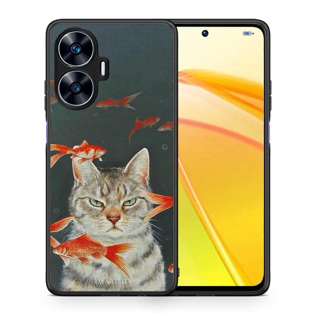 Θήκη Realme C55 Dual Cat Goldfish από τη Smartfits με σχέδιο στο πίσω μέρος και μαύρο περίβλημα | Realme C55 Dual Cat Goldfish Case with Colorful Back and Black Bezels