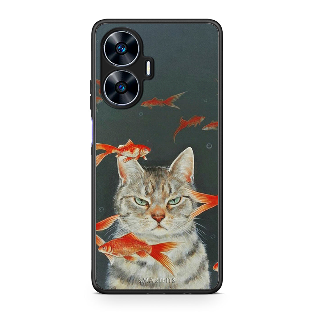 Θήκη Realme C55 Dual Cat Goldfish από τη Smartfits με σχέδιο στο πίσω μέρος και μαύρο περίβλημα | Realme C55 Dual Cat Goldfish Case with Colorful Back and Black Bezels