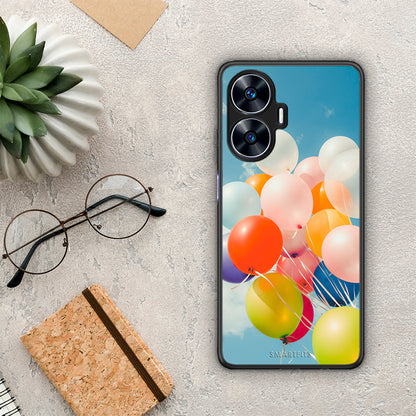Θήκη Realme C55 Dual Colorful Balloons από τη Smartfits με σχέδιο στο πίσω μέρος και μαύρο περίβλημα | Realme C55 Dual Colorful Balloons Case with Colorful Back and Black Bezels