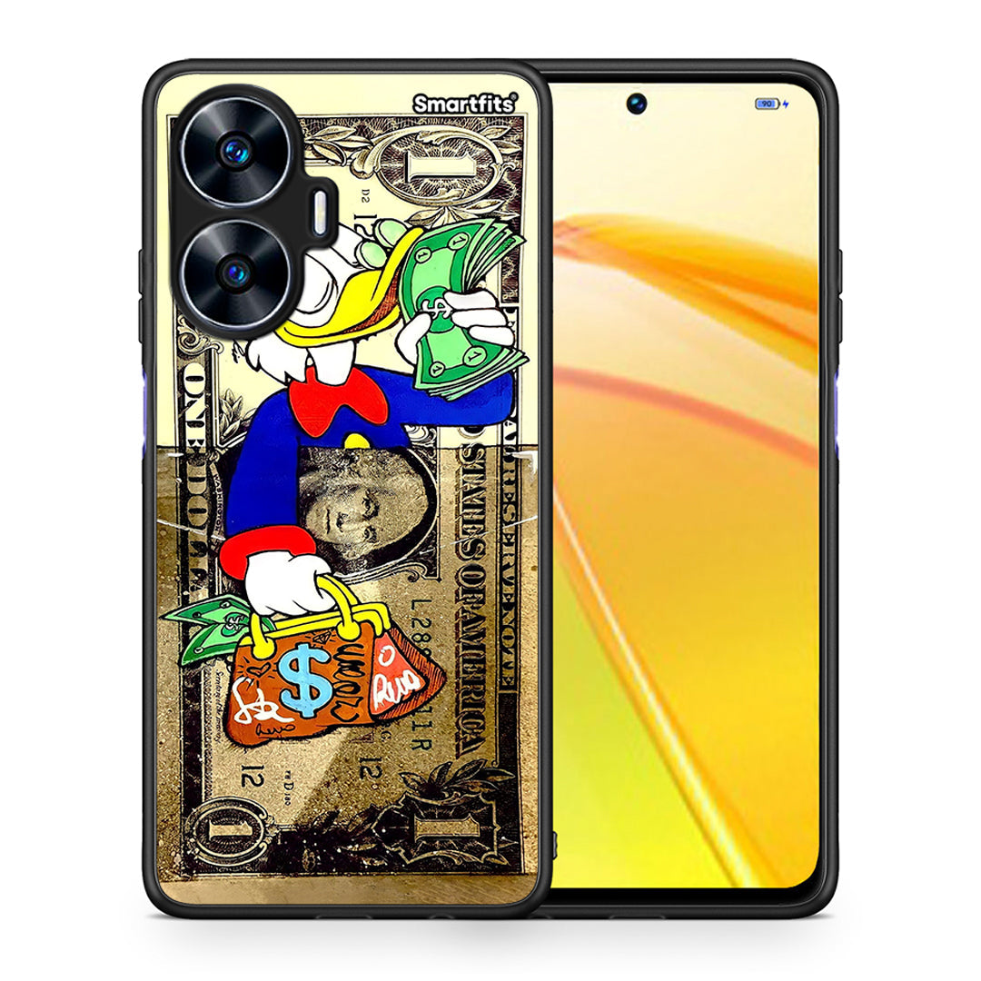 Θήκη Realme C55 Dual Duck Money από τη Smartfits με σχέδιο στο πίσω μέρος και μαύρο περίβλημα | Realme C55 Dual Duck Money Case with Colorful Back and Black Bezels