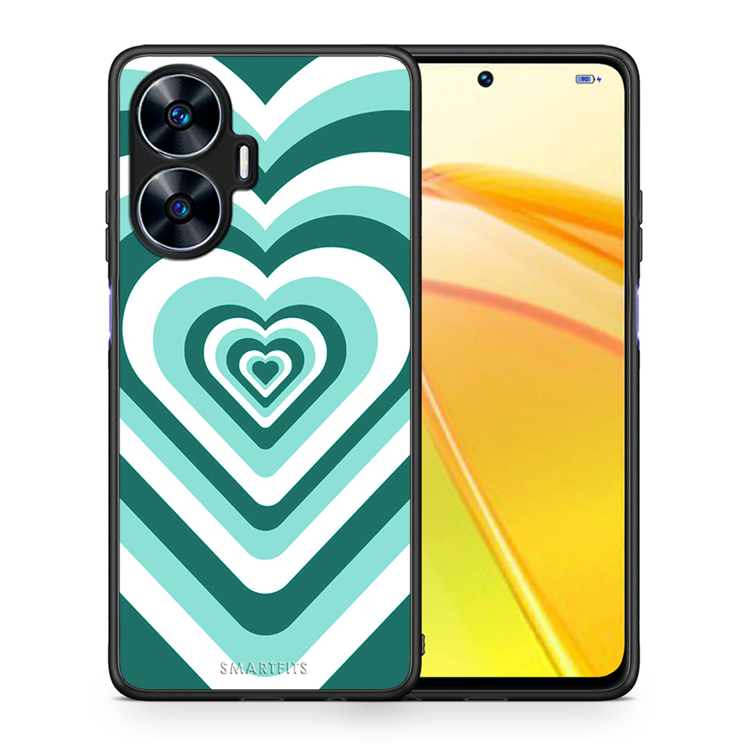 Θήκη Realme C55 Dual Green Hearts από τη Smartfits με σχέδιο στο πίσω μέρος και μαύρο περίβλημα | Realme C55 Dual Green Hearts Case with Colorful Back and Black Bezels