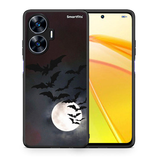 Θήκη Realme C55 Dual Halloween Bat Night από τη Smartfits με σχέδιο στο πίσω μέρος και μαύρο περίβλημα | Realme C55 Dual Halloween Bat Night Case with Colorful Back and Black Bezels