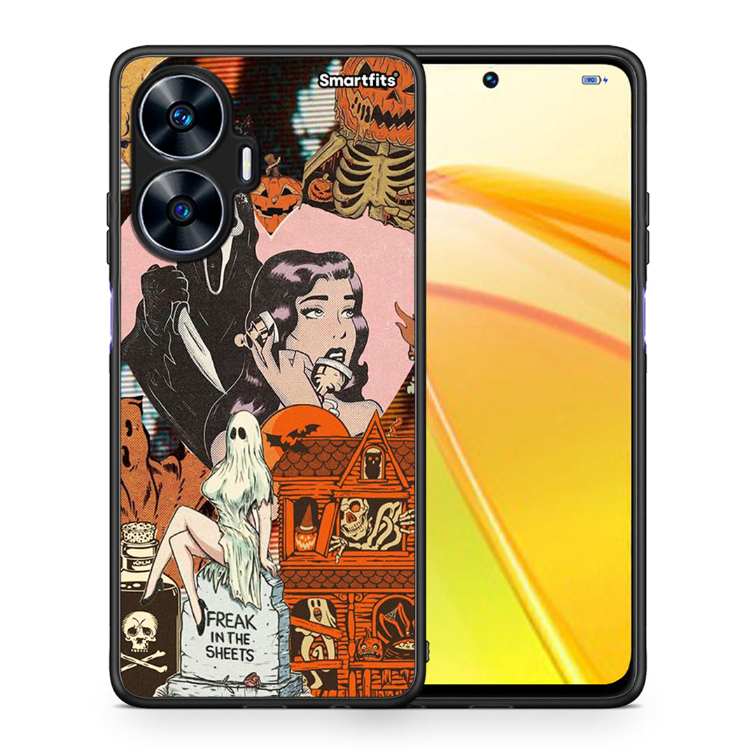 Θήκη Realme C55 Dual Halloween Collage από τη Smartfits με σχέδιο στο πίσω μέρος και μαύρο περίβλημα | Realme C55 Dual Halloween Collage Case with Colorful Back and Black Bezels