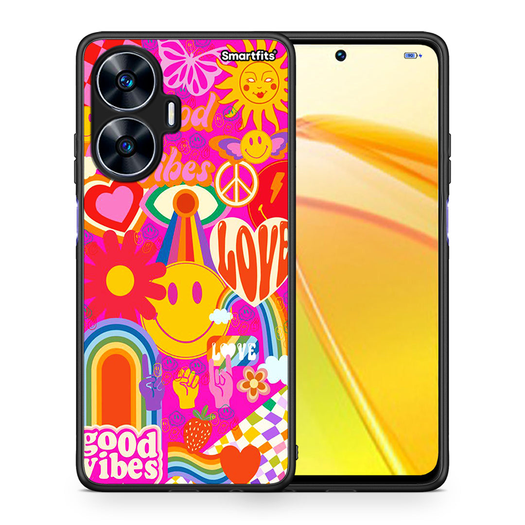 Θήκη Realme C55 Dual Hippie Love από τη Smartfits με σχέδιο στο πίσω μέρος και μαύρο περίβλημα | Realme C55 Dual Hippie Love Case with Colorful Back and Black Bezels