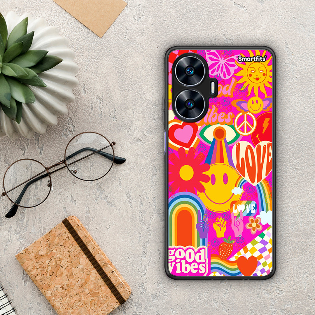 Θήκη Realme C55 Dual Hippie Love από τη Smartfits με σχέδιο στο πίσω μέρος και μαύρο περίβλημα | Realme C55 Dual Hippie Love Case with Colorful Back and Black Bezels