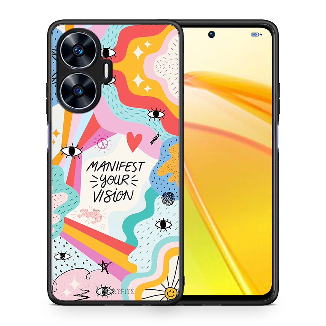 Θήκη Realme C55 Dual Manifest Your Vision από τη Smartfits με σχέδιο στο πίσω μέρος και μαύρο περίβλημα | Realme C55 Dual Manifest Your Vision Case with Colorful Back and Black Bezels