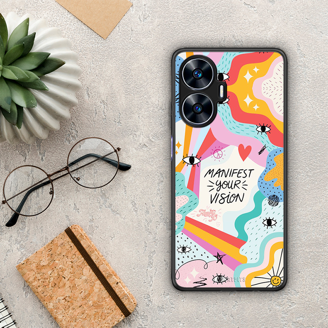 Θήκη Realme C55 Dual Manifest Your Vision από τη Smartfits με σχέδιο στο πίσω μέρος και μαύρο περίβλημα | Realme C55 Dual Manifest Your Vision Case with Colorful Back and Black Bezels