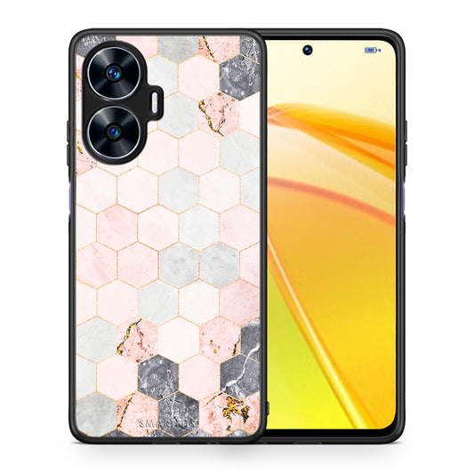 Θήκη Realme C55 Dual Marble Hexagon Pink από τη Smartfits με σχέδιο στο πίσω μέρος και μαύρο περίβλημα | Realme C55 Dual Marble Hexagon Pink Case with Colorful Back and Black Bezels