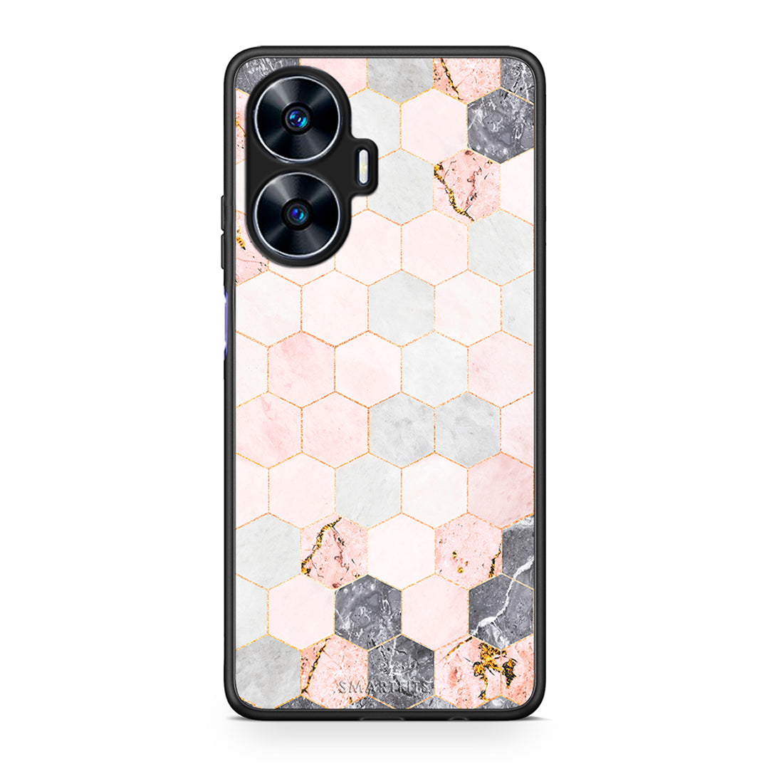 Θήκη Realme C55 Dual Marble Hexagon Pink από τη Smartfits με σχέδιο στο πίσω μέρος και μαύρο περίβλημα | Realme C55 Dual Marble Hexagon Pink Case with Colorful Back and Black Bezels