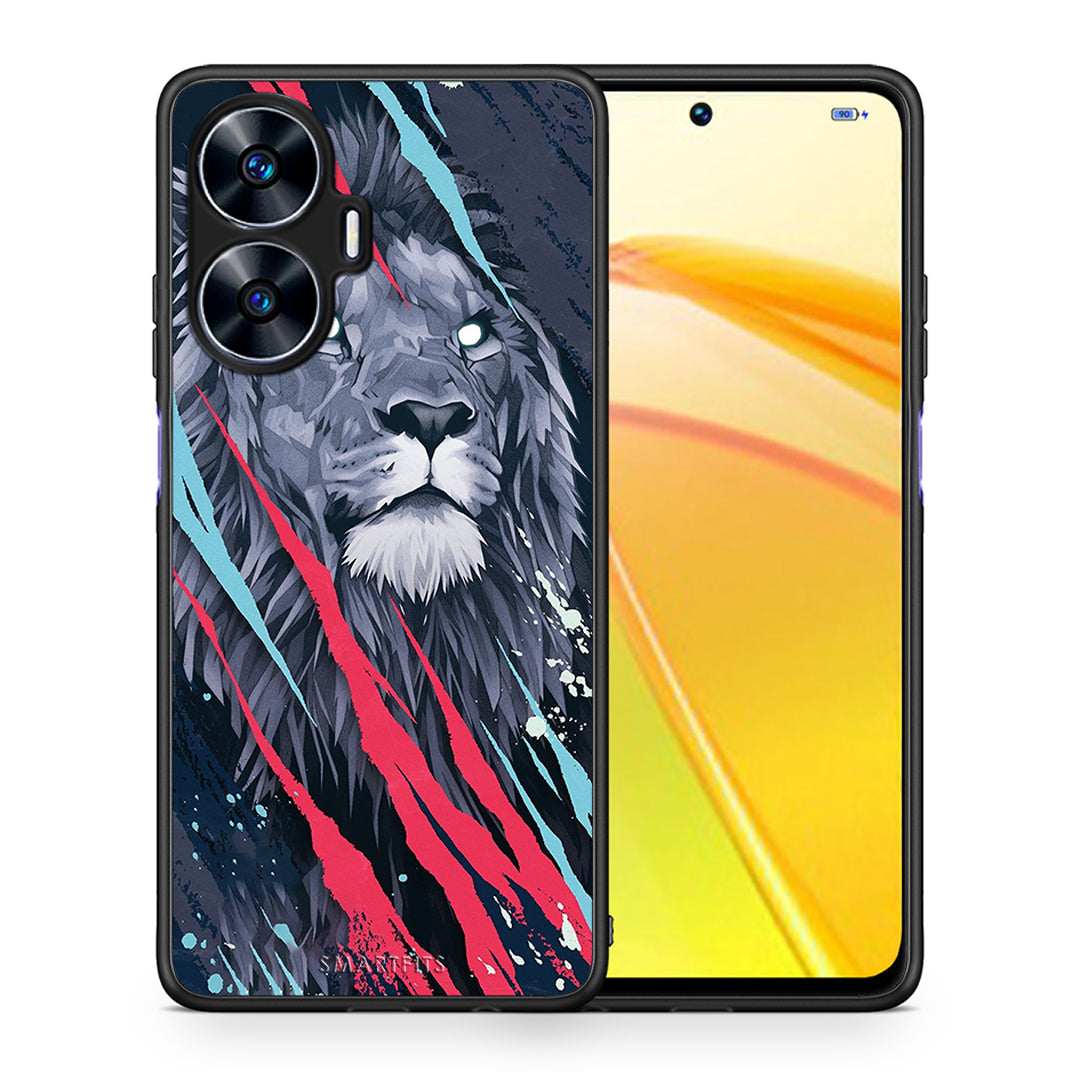 Θήκη Realme C55 Dual PopArt Lion Designer από τη Smartfits με σχέδιο στο πίσω μέρος και μαύρο περίβλημα | Realme C55 Dual PopArt Lion Designer Case with Colorful Back and Black Bezels