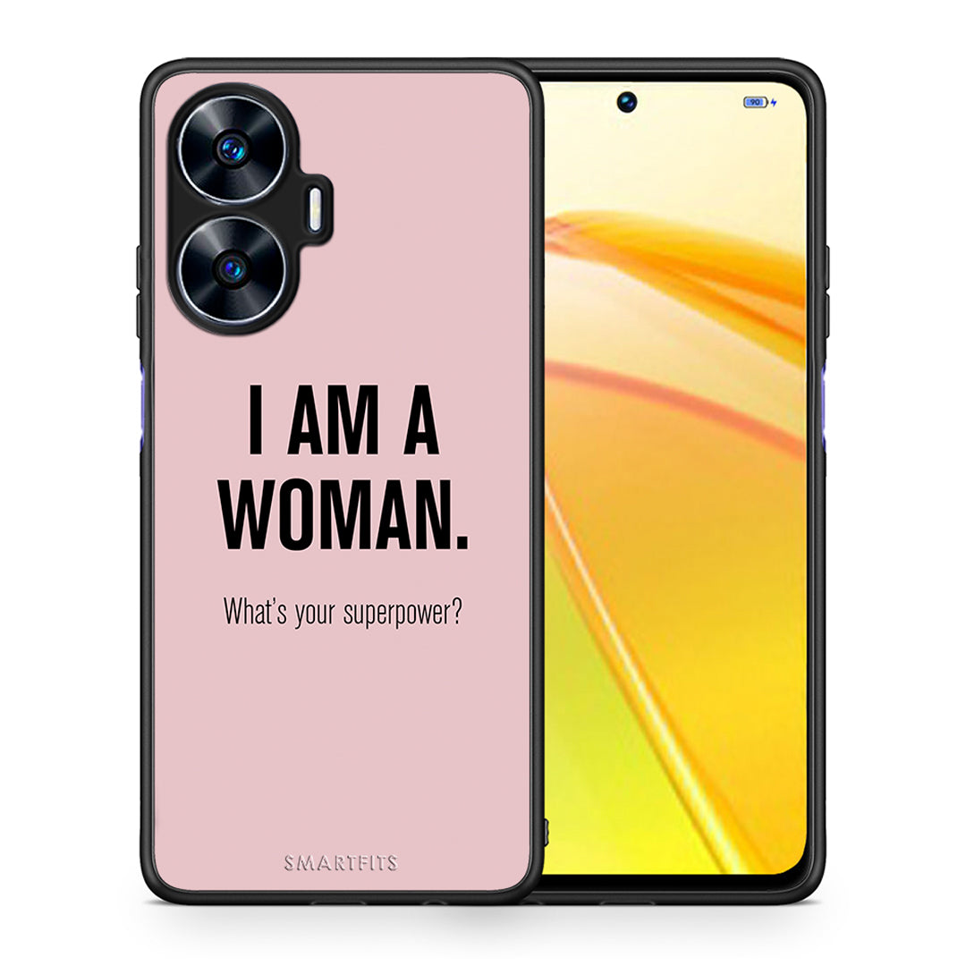 Θήκη Realme C55 Dual Superpower Woman από τη Smartfits με σχέδιο στο πίσω μέρος και μαύρο περίβλημα | Realme C55 Dual Superpower Woman Case with Colorful Back and Black Bezels