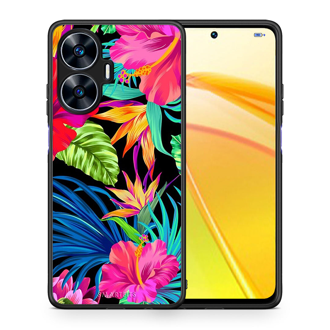Θήκη Realme C55 Dual Tropical Flowers από τη Smartfits με σχέδιο στο πίσω μέρος και μαύρο περίβλημα | Realme C55 Dual Tropical Flowers Case with Colorful Back and Black Bezels