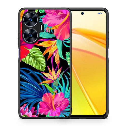 Θήκη Realme C55 Dual Tropical Flowers από τη Smartfits με σχέδιο στο πίσω μέρος και μαύρο περίβλημα | Realme C55 Dual Tropical Flowers Case with Colorful Back and Black Bezels