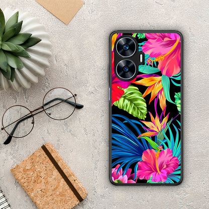 Θήκη Realme C55 Dual Tropical Flowers από τη Smartfits με σχέδιο στο πίσω μέρος και μαύρο περίβλημα | Realme C55 Dual Tropical Flowers Case with Colorful Back and Black Bezels