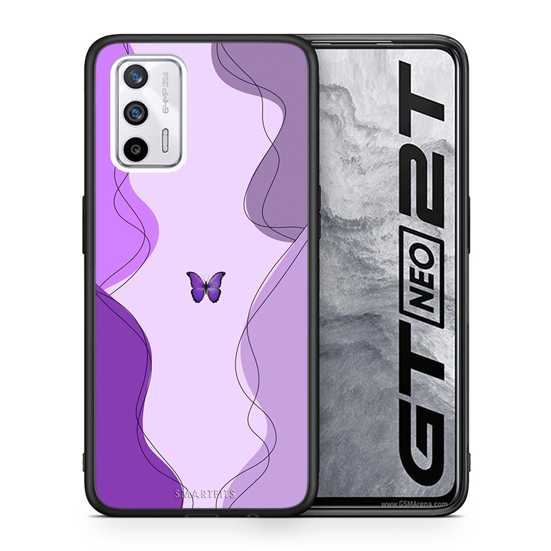 Θήκη Αγίου Βαλεντίνου Realme GT Purple Mariposa από τη Smartfits με σχέδιο στο πίσω μέρος και μαύρο περίβλημα | Realme GT Purple Mariposa case with colorful back and black bezels
