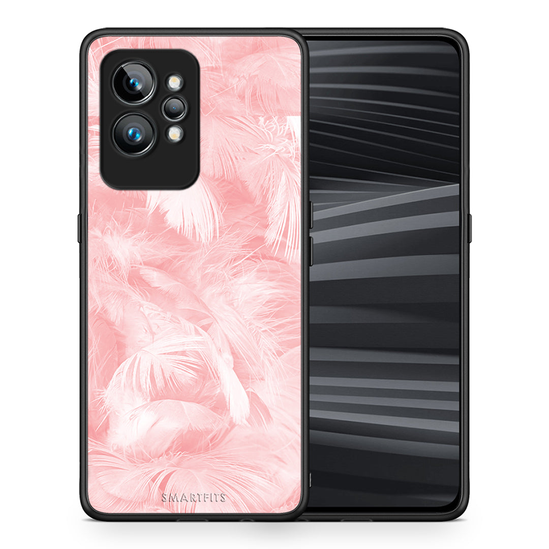 Θήκη Realme GT2 Boho Pink Feather από τη Smartfits με σχέδιο στο πίσω μέρος και μαύρο περίβλημα | Realme GT2 Boho Pink Feather Case with Colorful Back and Black Bezels