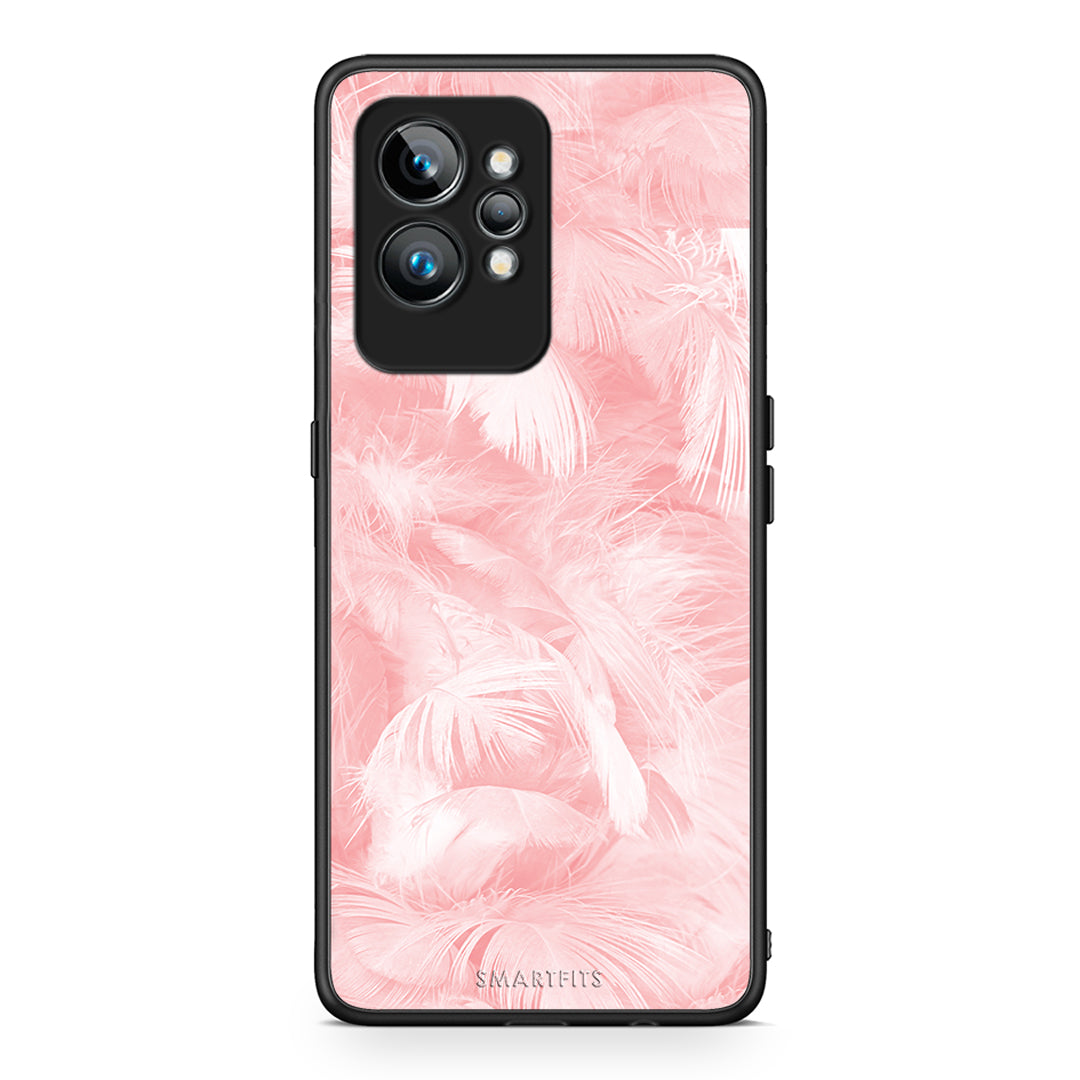 Θήκη Realme GT2 Boho Pink Feather από τη Smartfits με σχέδιο στο πίσω μέρος και μαύρο περίβλημα | Realme GT2 Boho Pink Feather Case with Colorful Back and Black Bezels