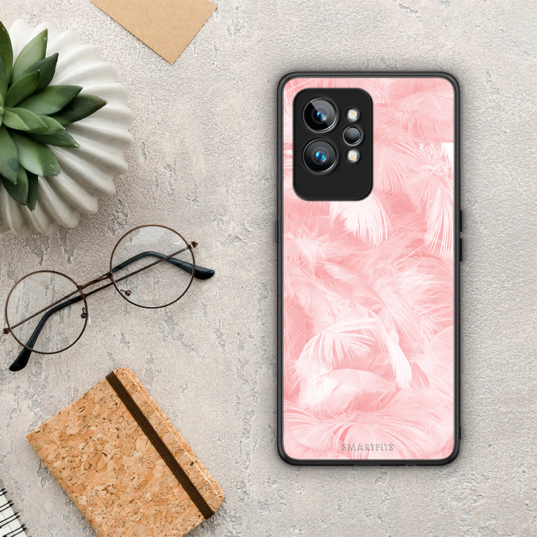 Θήκη Realme GT2 Boho Pink Feather από τη Smartfits με σχέδιο στο πίσω μέρος και μαύρο περίβλημα | Realme GT2 Boho Pink Feather Case with Colorful Back and Black Bezels