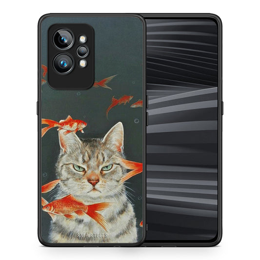 Θήκη Realme GT2 Cat Goldfish από τη Smartfits με σχέδιο στο πίσω μέρος και μαύρο περίβλημα | Realme GT2 Cat Goldfish Case with Colorful Back and Black Bezels